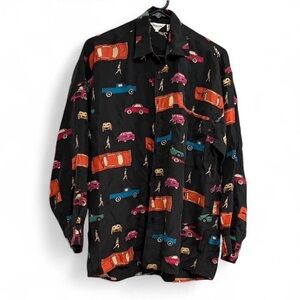 Vintage Dorman 100% Silk Pop Art Retro Automobile Print Button-Up Shirt